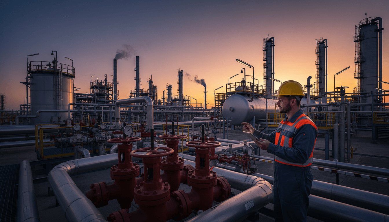 Ingeniero industrial inspeccionando equipos en una planta de proceso