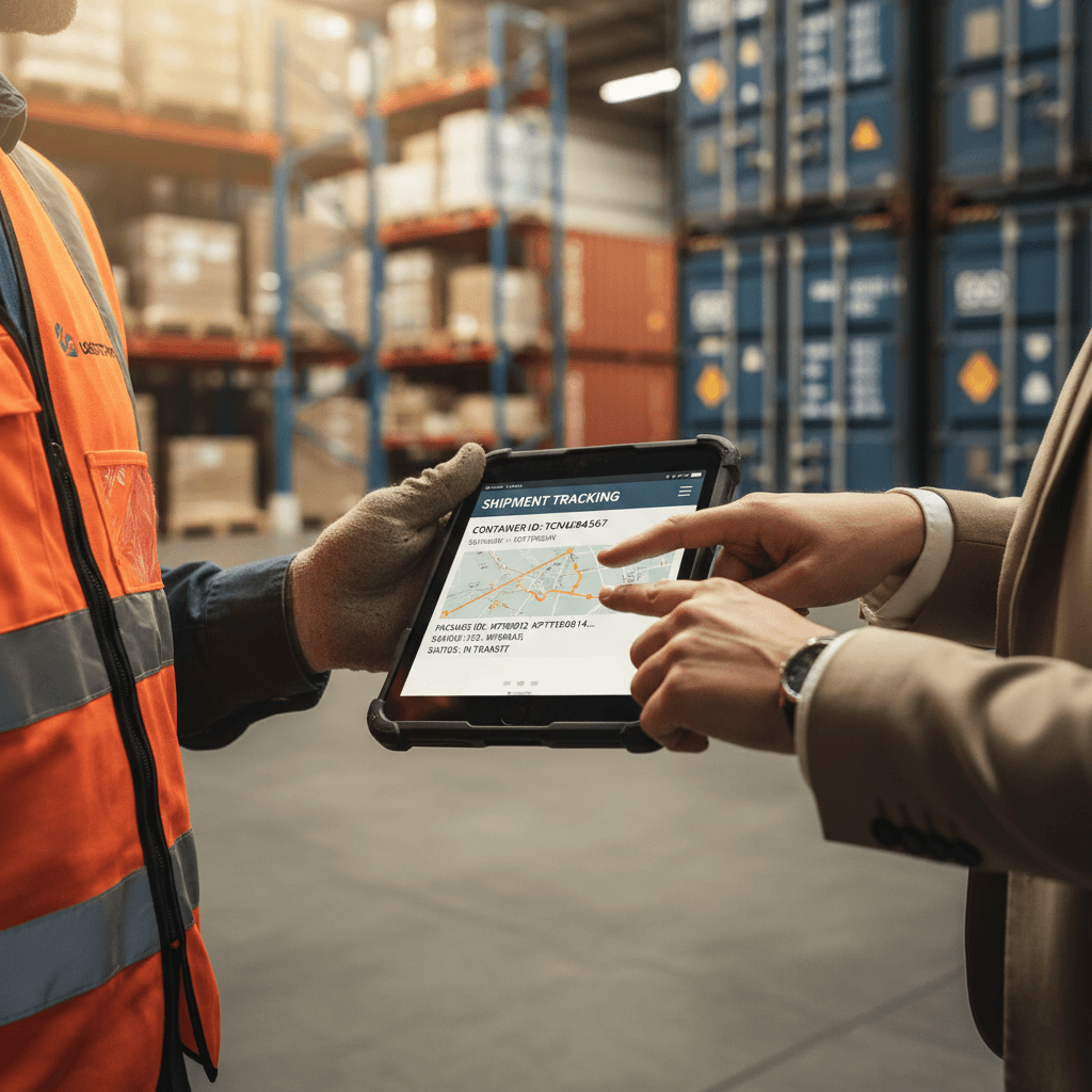 Logistics professionals collaborating over tablet displaying shipment manifest in industrial warehouse with stacked cargo containers