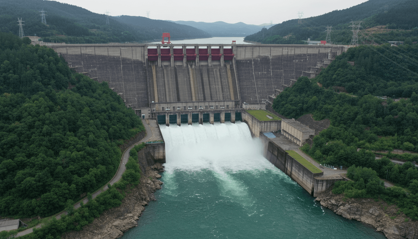 Vista aérea de una represa con agua fluyendo por los vertederos