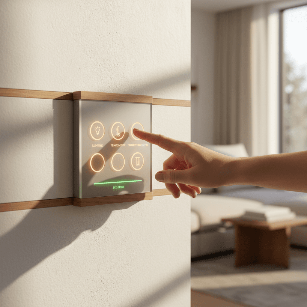 Homeowner's hand adjusting illuminated smart home control panel on white contemporary wall with natural warm light
