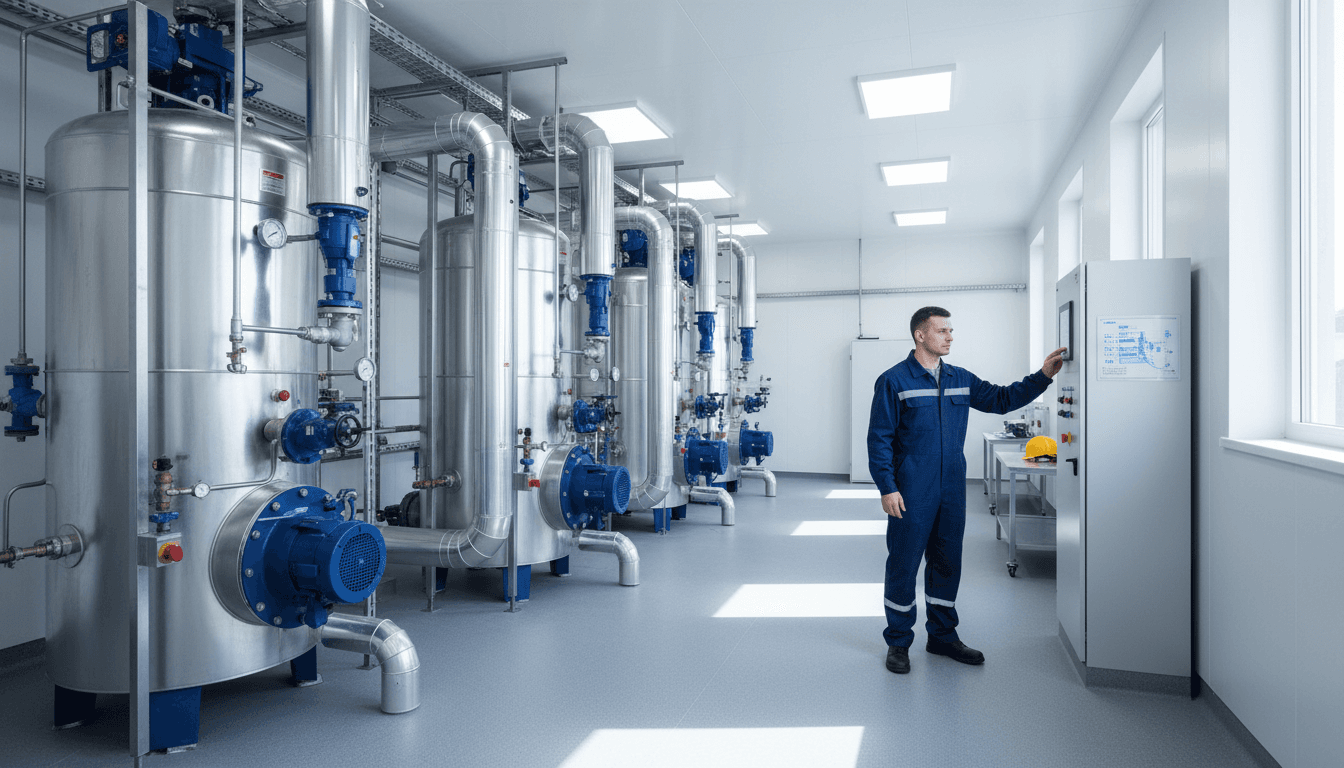 Technician reviewing industrial boiler control panel in commercial heating system facility