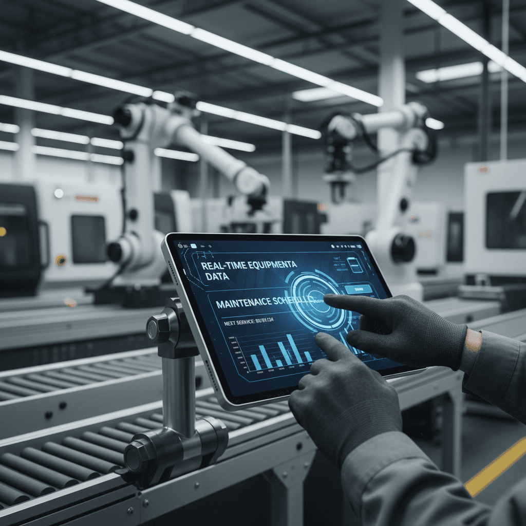 Ingeniero revisando esquemas de control industrial en una tableta dentro de una planta