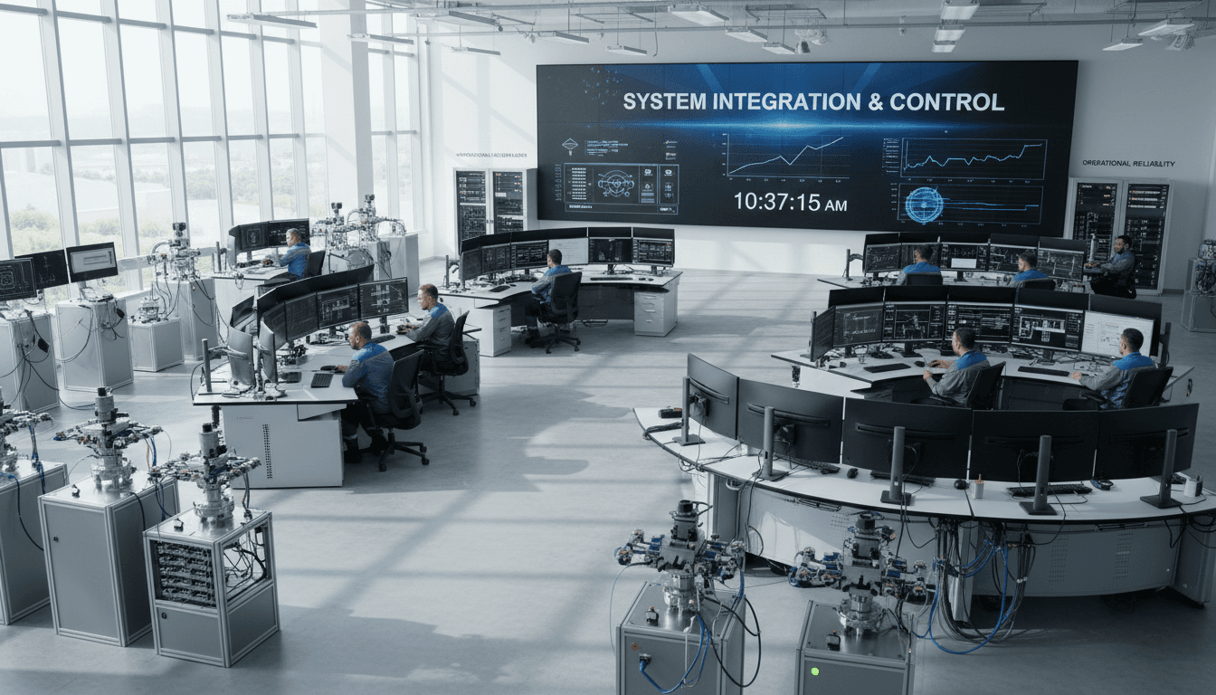 Professional engineers in a modern control room reviewing process automation data