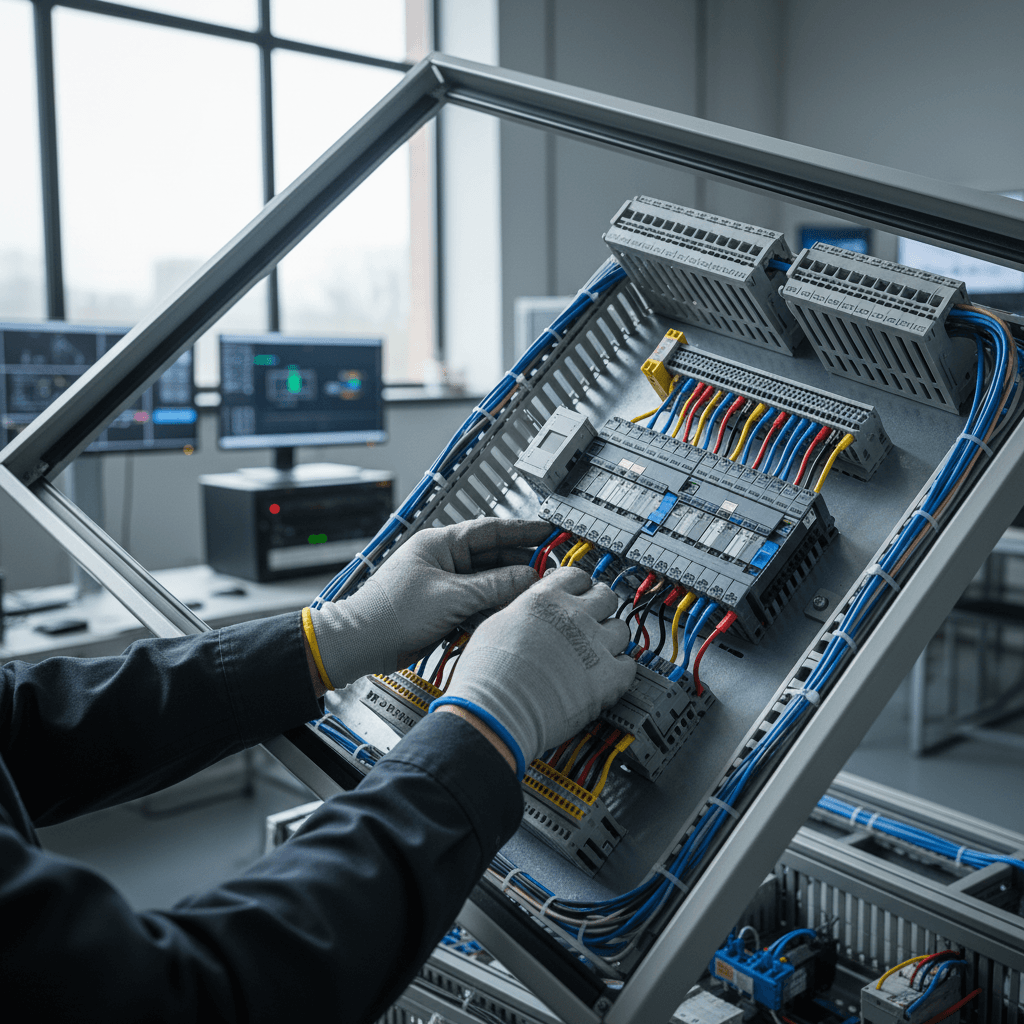 Ingeniero ajustando un controlador lógico programable industrial