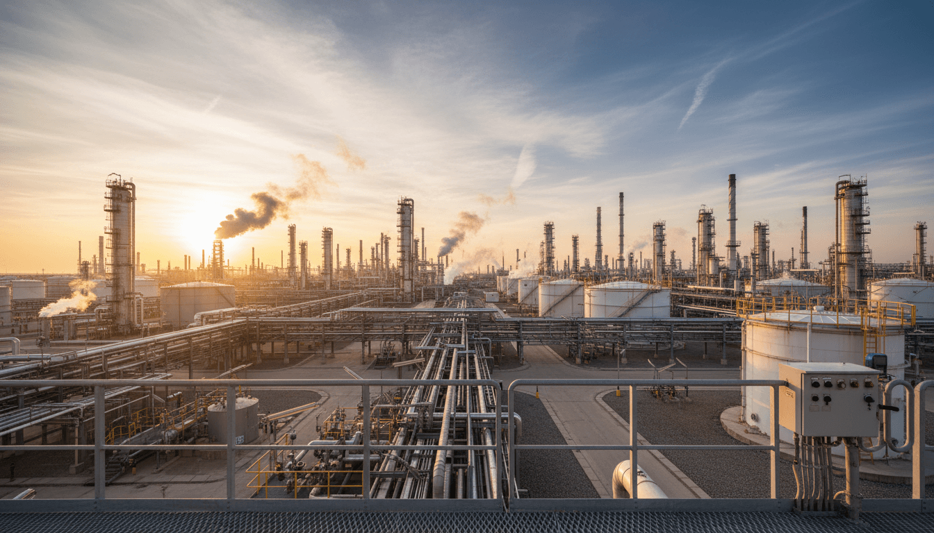 Expansive petroleum refinery facility with distillation towers and pipelines illuminated by golden hour sunlight