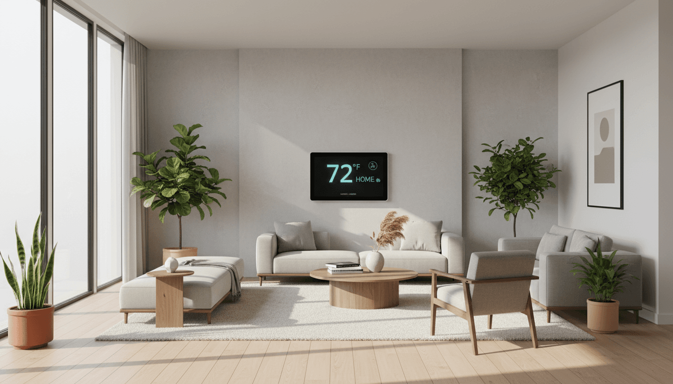 Interior de sala moderna con termostato inteligente en la pared y luz ambiental cálida