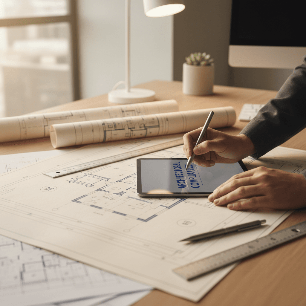 Architect's hands applying digital signature to technical blueprints and construction documents at modern workspace desk